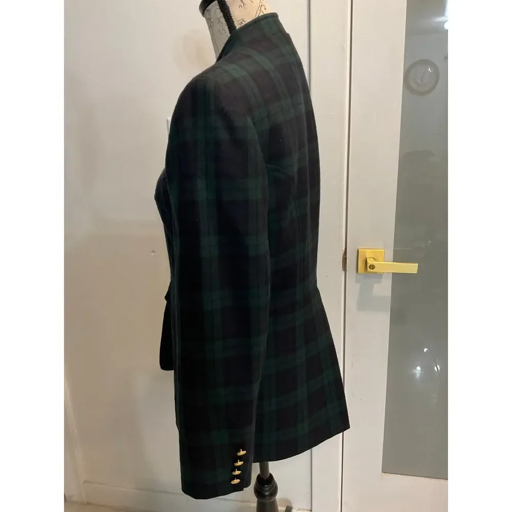Vtg Talbots Women’s Wool Navy Green Tartan gold buttons military-style blazer 6 - Picture 6 of 16